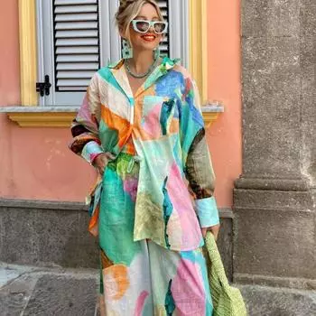 Женский повседневный комплект брюк с принтом, повседневная рубашка с длинным рукавом и лацканами, женская резинка на талии, летние весенние праздничные наряды S