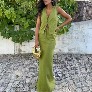 Женский повседневный комплект из 2 предметов без рукавов для вечеринок, хлопковый лен, однотонный, с тонкой юбкой, сексуальный топ с V-образным вырезом и завязками, ажурный топ и длинная юбка S зелёный
