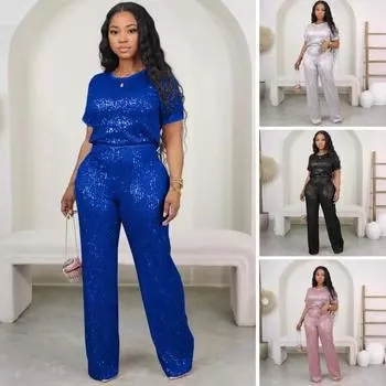 Женский повседневный комплект из 2 предметов, блестящий костюм с блестками, футболка с короткими рукавами и круглым вырезом, широкие брюки для повседневного отдыха, путешествий S чёрный