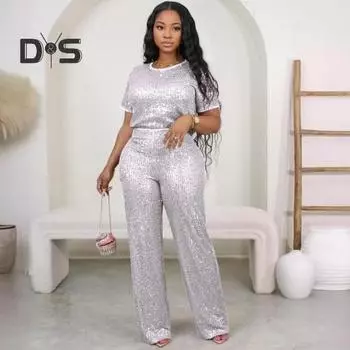 Женский повседневный комплект из 2 предметов, блестящий костюм с блестками, футболка с круглым вырезом и короткими рукавами, широкие брюки, наряд для повседневного отдыха, путешествий S чёрный