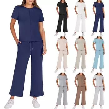 Женский повседневный комплект из 2 предметов, летняя повседневная спортивная одежда с короткими рукавами, спортивная одежда с широкими штанинами, модная одежда L чёрный