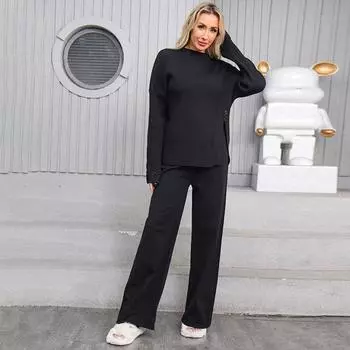 Женский повседневный комплект из 2 предметов: свитер, трикотажный топ, широкие брюки, комплекты для отдыха, спортивный костюм, осенне-зимняя дорожная одежда, спортивный костюм для женщин S чёрный