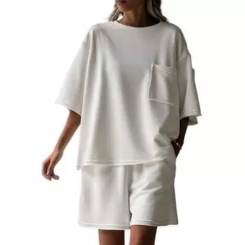 Женский повседневный комплект из 2 предметов: топ с круглым вырезом, короткий рукав, эластичный пояс, шорты, летний спортивный костюм для отдыха S белый