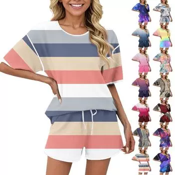 Женский повседневный комплект из 2 предметов: топ с короткими рукавами и шорты с принтом тай-дай, пижамный комплект L синий