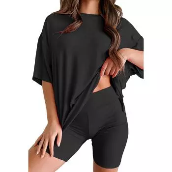 Женский повседневный комплект из длинных брюк со средним рукавом и круглым вырезом S чёрный