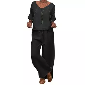 Женский повседневный комплект из длинных брюк со средним рукавом и круглым вырезом L чёрный