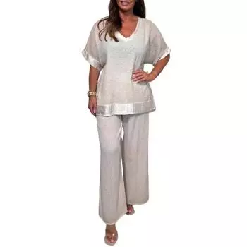 Женский повседневный комплект из двух частей, большой размер, топ с V-образным вырезом и короткими рукавами, широкие брюки, летний свободный комплект для отдыха XXL абрикосовый