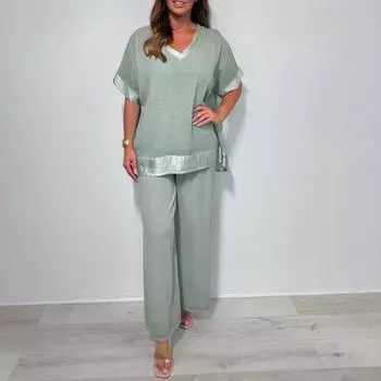Женский повседневный комплект из двух частей, большой размер, топ с V-образным вырезом и короткими рукавами, широкие брюки, летний свободный комплект для отдыха XXL светло-зеленый