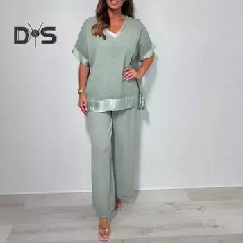 Женский повседневный комплект из двух частей, большой размер, топ с V-образным вырезом и короткими рукавами, широкие брюки, летний свободный комплект для отдыха XXL светло-серый