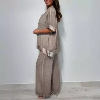 Женский повседневный комплект из двух частей, большой размер, топ с V-образным вырезом и короткими рукавами, широкие брюки, летний свободный комплект для отдыха XL синий