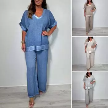Женский повседневный комплект из двух частей, большой размер, топ с V-образным вырезом и короткими рукавами, широкие брюки, летний свободный комплект для отдыха XXL синий