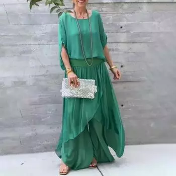 Женский повседневный комплект из двух частей из шифона, большой размер, нарядный костюм для матери невесты, топ с круглым вырезом, широкие брюки, струящийся свадебный наряд для гостей XL светло-синий