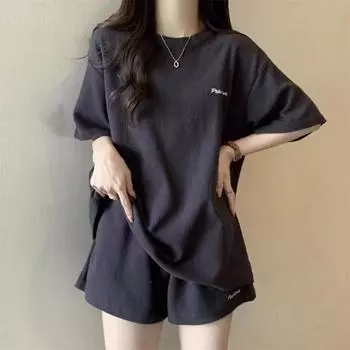 Женский повседневный комплект из двух частей с шортами, свободные футболки с коротким рукавом, комплекты с шортами на резинке и карманами, летний наряд для отдыха L небесно-голубой