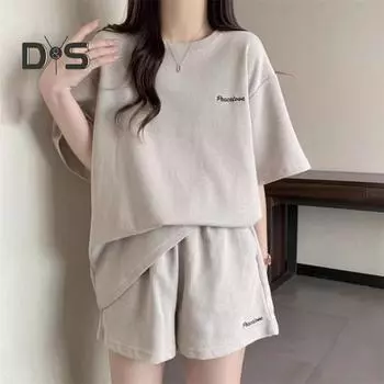 Женский повседневный комплект из двух частей с шортами, свободные футболки с коротким рукавом, комплекты с шортами на резинке и карманами, летний наряд для отдыха XL абрикосовый