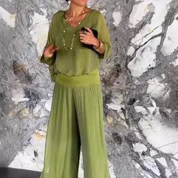 Женский повседневный комплект из двух частей шифона, летний комплект из топа с V-образным вырезом и короткими рукавами, широкие брюки, свободный домашний костюм L фиолетовый