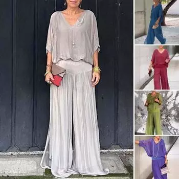 Женский повседневный комплект из двух частей шифона, летний комплект из топа с V-образным вырезом и короткими рукавами, широкие брюки, свободный домашний костюм 3XL синий