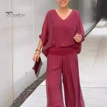 Женский повседневный комплект из двух частей шифона, летний комплект из топа с V-образным вырезом и короткими рукавами, широкие брюки, свободный домашний костюм XL светло-серый