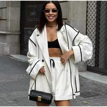 Женский повседневный комплект из двух предметов, куртка с длинным рукавом и лацканами, свободные широкие шорты на шнуровке, комплект с однотонными шортами для поездок на работу в стиле Харадзюку, весна-лето S белый