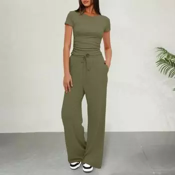 Женский повседневный комплект из двух предметов одежды Yousheng, облегающий топ с короткими рукавами и широкими брюками с высокой талией, женский спортивный костюм для отдыха M синий