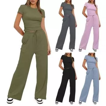 Женский повседневный комплект из двух предметов одежды, облегающий топ с короткими рукавами и широкими брюками с высокой талией, женский спортивный костюм для отдыха M розовый