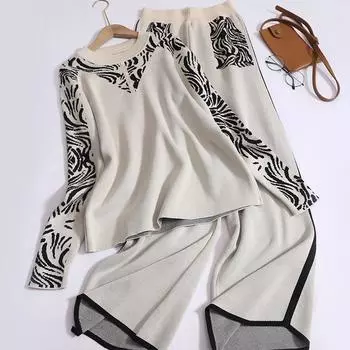 Женский повседневный комплект из двух предметов с длинными рукавами и принтом, свободный трикотажный свитер с круглым вырезом и широкие брюки с высокой талией, офисный костюм
