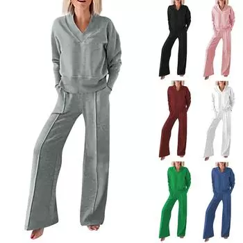 Женский повседневный комплект из двух предметов с V-образным вырезом и длинными рукавами, свободный топ и широкие брюки L чёрный