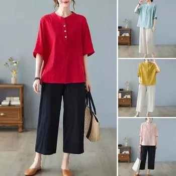 Женский повседневный комплект из двух предметов с рукавом 3/4, круглым вырезом на пуговицах, широкими брюками, летний свободный наряд для дома M красный