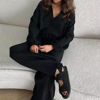 Женский повседневный комплект из двух предметов, свободный повседневный топ с длинными рукавами и штаны на шнуровке, женский наряд для отдыха с отложным воротником M чёрный