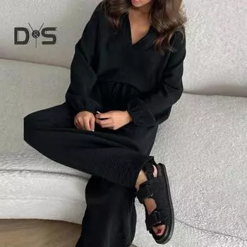 Женский повседневный комплект из двух предметов, свободный повседневный топ с длинными рукавами и штаны на шнуровке, женский наряд для отдыха с отложным воротником S темно-серого