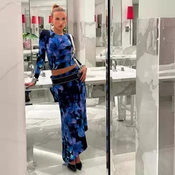 Женский повседневный комплект из двух предметов: топ с круглым вырезом и длинными рукавами S синий