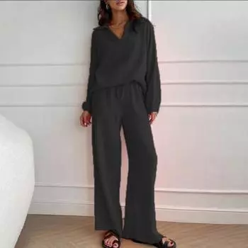 Женский повседневный комплект из двух предметов Yousheng, свободный повседневный топ с длинными рукавами и штаны на шнуровке, женский наряд для отдыха с отложным воротником S чёрный