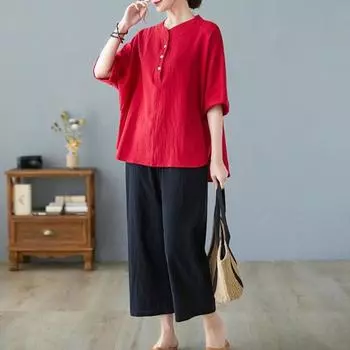 Женский повседневный комплект из двух предметов Yousheng, рукав 3/4, круглый вырез, топ на пуговицах, широкие брюки, летний свободный наряд для дома M розовый