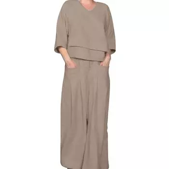 Женский повседневный комплект из двухслойного топа с рукавами-семью точками, V-образным вырезом, свободным асимметричным кроем, широкими брюками и карманами XXL коричневый