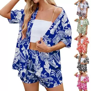 Женский повседневный комплект из топа и шорт с эластичной резинкой на талии с цветочным принтом L чёрный