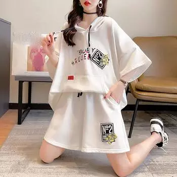 Женский повседневный комплект, летний, большой, хлопковый, с капюшоном, с короткими рукавами, шорты, двухкомпонентный, для дома, больших размеров XXL белый