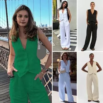 Женский повседневный комплект, офисный женский комплект из двух предметов, топ без рукавов с v-образным вырезом, свободные брюки, летняя одежда, костюм для работы, вечеринки, путешествий L чёрный