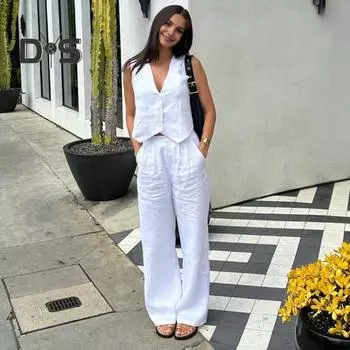 Женский повседневный комплект, офисный женский комплект из двух предметов, топ без рукавов с v-образным вырезом, свободные брюки, летняя одежда, костюм для работы, вечеринки, путешествий L чёрный