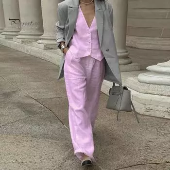 Женский повседневный комплект, офисный женский комплект из двух предметов, топ без рукавов с v-образным вырезом, свободные брюки, летняя одежда, костюм для работы, вечеринки, путешествий L чёрный