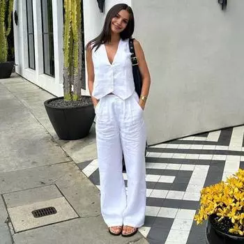 Женский повседневный комплект, офисный женский комплект из двух предметов, топ без рукавов с v-образным вырезом, свободные брюки, летняя одежда, костюм для работы, вечеринки, путешествий L чёрный