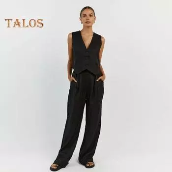 Женский повседневный комплект, офисный женский комплект из двух предметов, топ без рукавов с v-образным вырезом, свободные брюки, летняя одежда, костюм для работы, вечеринки, путешествий L чёрный