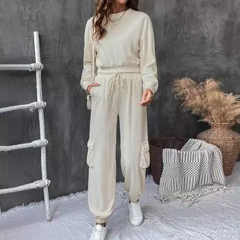 Женский повседневный комплект с капюшоном, осенне-зимний однотонный топ с круглым вырезом и длинными рукавами, брюки до щиколотки с карманами на завязках, модный элегантный костюм S абрикосовый