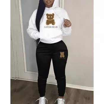 Женский повседневный комплект с принтом медведя, толстовка с капюшоном и брюки, комплект из 2 предметов 3XL