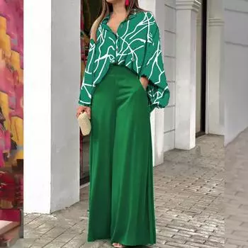 Женский повседневный комплект, свободная рубашка на пуговицах с лацканами, широкие брюки с высокой талией и карманами, комплект из двух предметов L зелёный