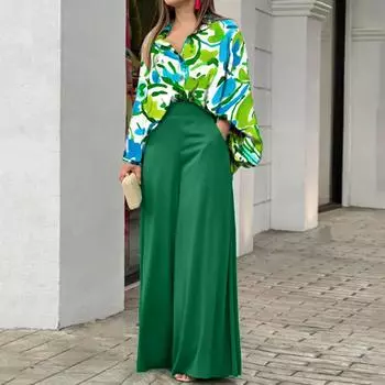 Женский повседневный комплект, свободная рубашка на пуговицах с лацканами, широкие брюки с высокой талией и карманами, комплект из двух предметов M