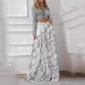 Женский повседневный комплект, топ с завязками и длинными рукавами без принта, широкие брюки с высокой талией и карманом на молнии, комплект из двух предметов серый