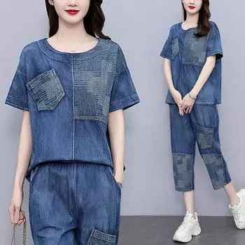 Женский повседневный костюм-двойка лето 2024: Топ с круглым вырезом и свободные укороченные джинсовые брюки 2XL (130-145 jin)