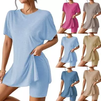 Женский повседневный костюм из двух частей: футболка с короткими рукавами, круглым вырезом, разрезом и обтягивающими шортами L бежевый