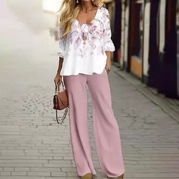 Женский повседневный костюм из двух частей с цветочным принтом в стиле бохо, широкие брюки и свободная рубашка с длинными рукавами, стильный наряд в стиле бохо на каждый день для отпуска XL розовый