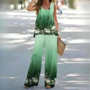 Женский повседневный костюм из двух частей с принтом, жилет с эластичной талией, брюки, женский костюм S зелёный