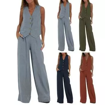 Женский повседневный костюм из хлопка и льна, комплект из двух предметов, шикарный жилет, широкие брюки, офисный женский наряд, летний костюм для работы S армия зеленый